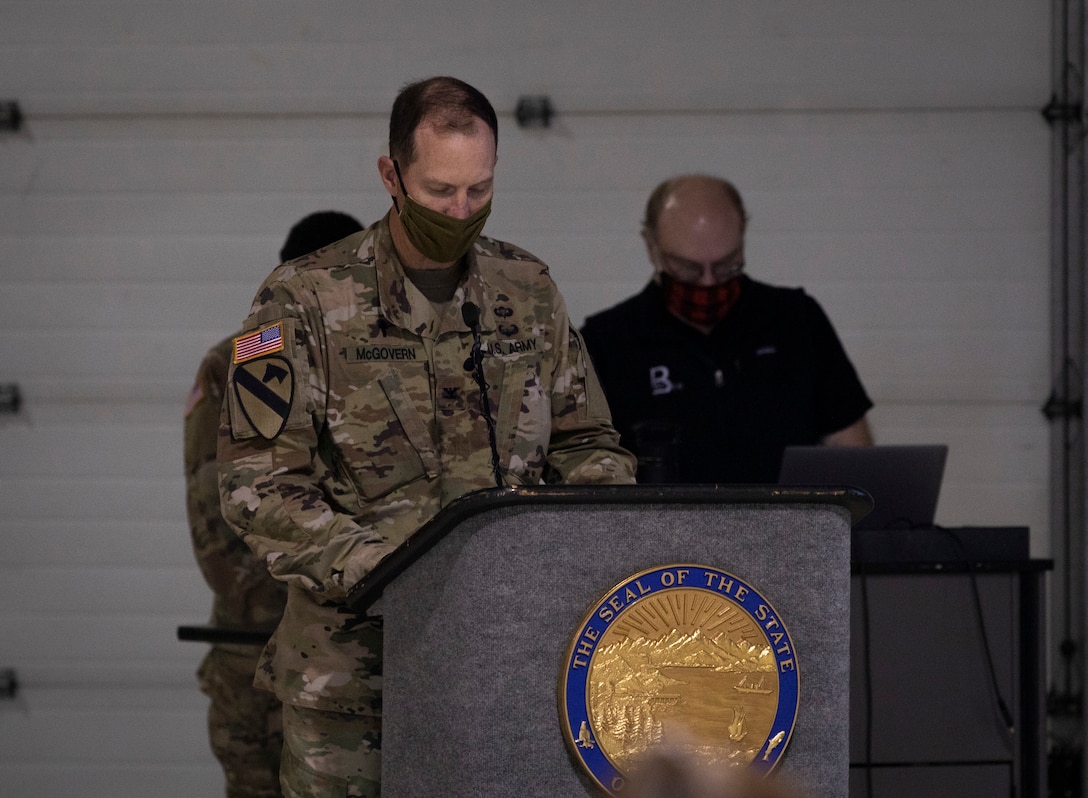 Chaplain Ted McGovern, the state command chaplain for the Alaska National Guard, delivers the invocation for a Sept. 11 remembrance ceremony held on Joint Base Elmendorf-Richardson one day before the 20th anniversary of the events that transpired in 2001. (Army National Guard photo by Spc. Grace Nechanicky)