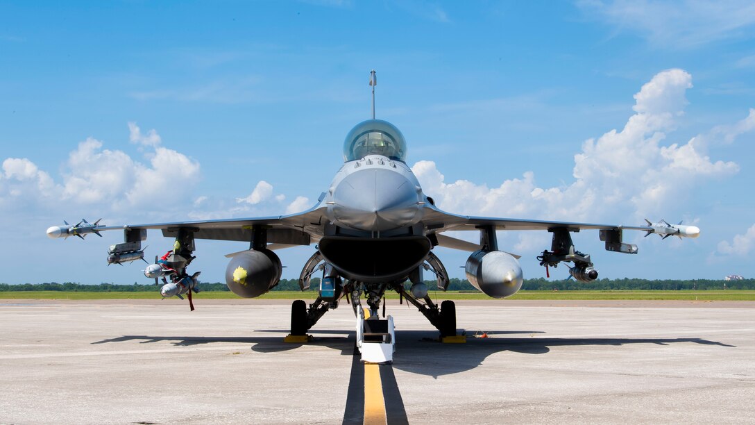 A U.S. Air Force F-16 Fighting Falcon aircraft assigned to the 79th Fighter Squadron (FS), Shaw Air Force Base, South Carolina, sits parked on the flight line at MacDill Air Force Base, Florida, Sept. 8, 2021.