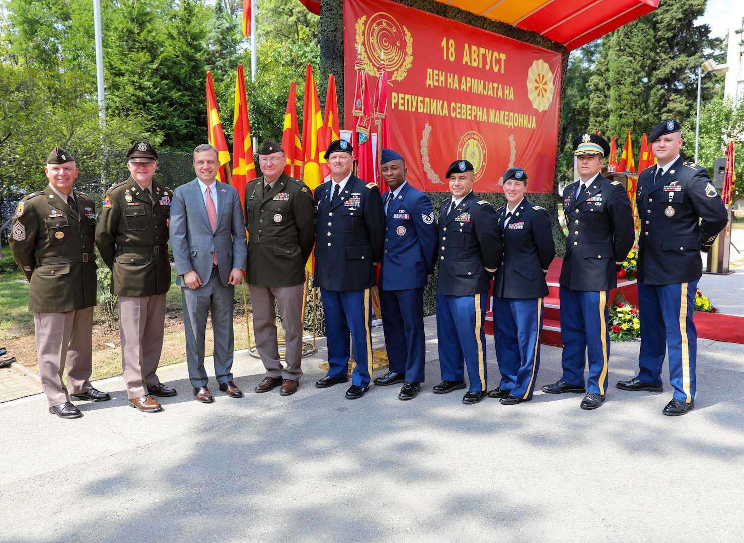 Members of the Vermont National Guard attend a celebration for Army Day at the Ministry of Defense in Skopje, North Macedonia, Aug. 18, 2021. The holiday commemorates the creation of the Mirče Acev battalion in 1943. The battalion laid the foundation of the People's Liberation Army of Macedonia that fought against the Axis forces during WWII.