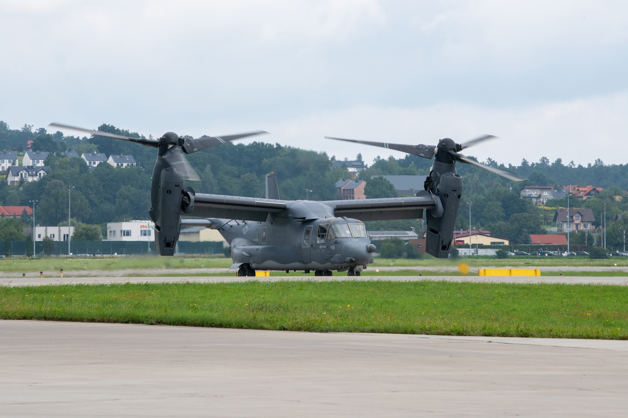 A CV-22B Osprey assigned to the 352d Special Operations Wing, lands to take part in the European Partnership Flight event during the Building Partner Aviation Capacity Seminar in Krakow, Poland, Sept. 1, 2021.