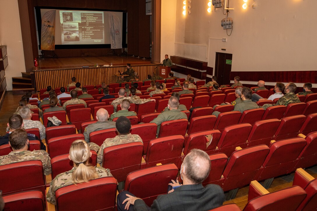 Polish Air Force officers brief the multinational attendees at the European Partnership Flight event during the Building Partner Aviation Capacity Seminar in Krakow, Poland, Sept. 2, 2021.