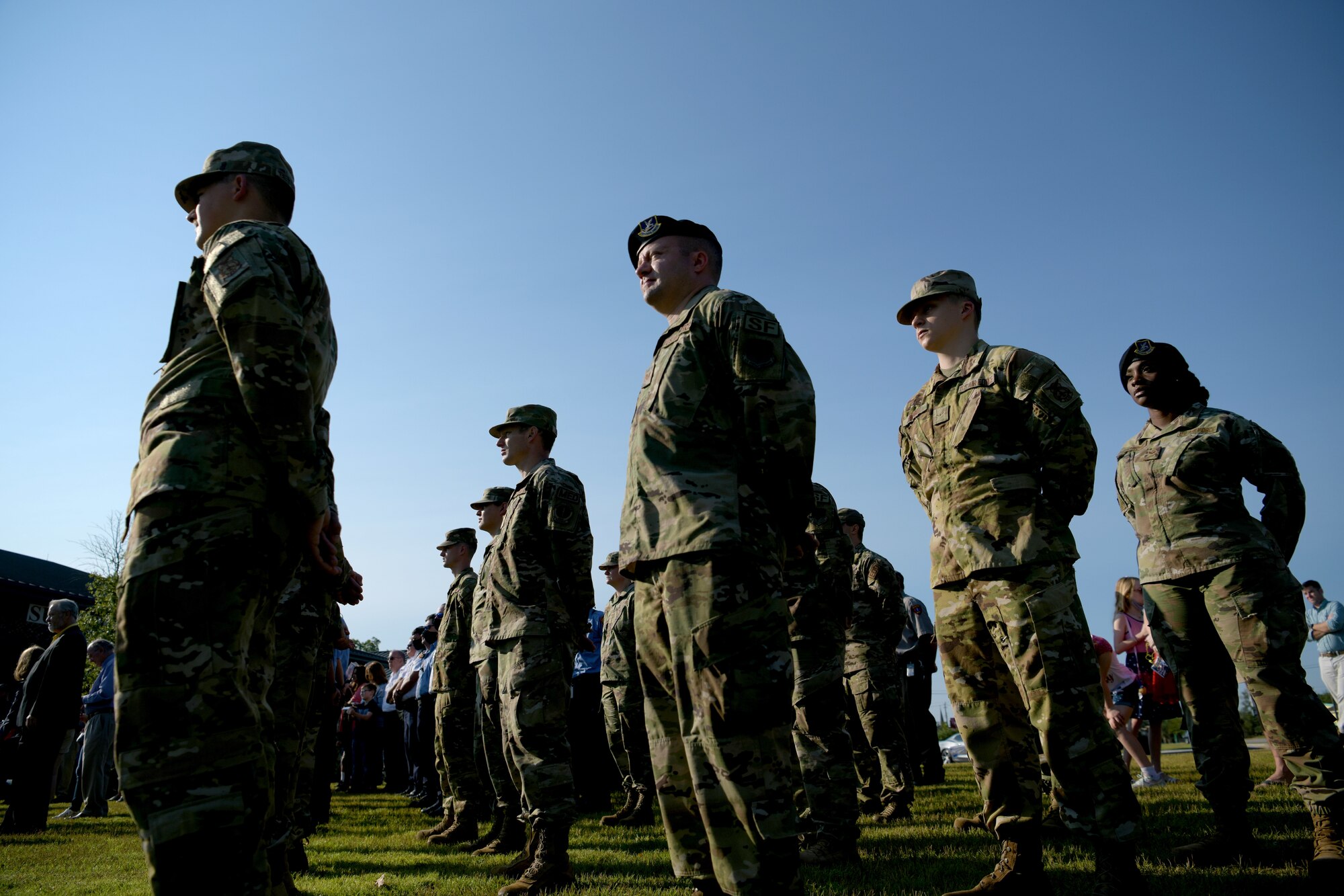 U.S. Airmen assigned to Shaw Air Force Base stand in formation during a 9/11 memorial ceremony in Sumter, S.C., Sept. 11, 2021. The ceremony was held in remembrance of the 20th anniversary of the Sept. 11, 2001, attacks across the United States. (U.S. Air Force photo by Staff Sgt. K. Tucker Owen)