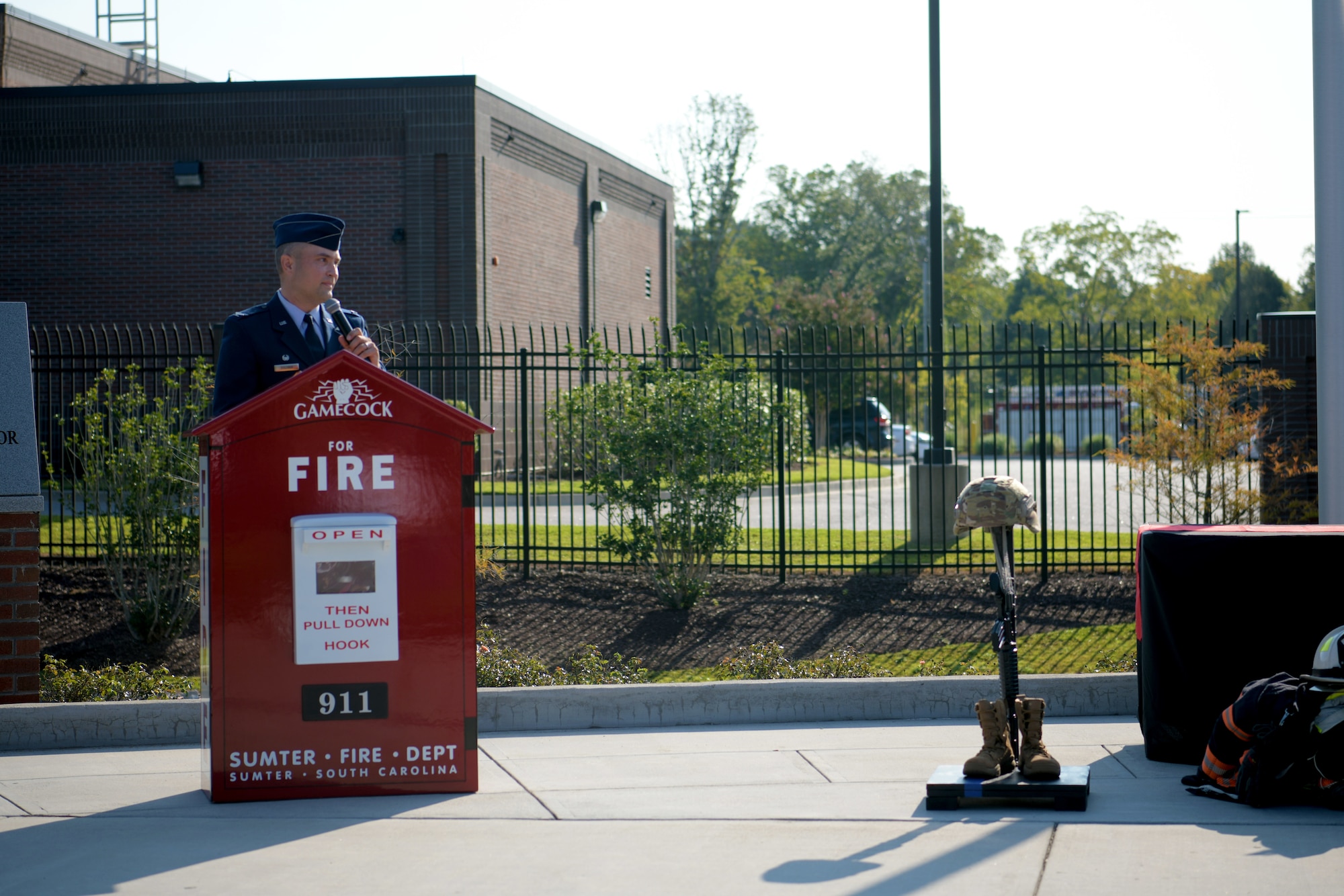 U.S. Air Force Col. Lawrence Sullivan, 20th Fighter Wing commander, speaks during a 9/11 memorial ceremony in Sumter, S.C., Sept. 11, 2021. The ceremony was held in remembrance of the 20th anniversary of the Sept. 11, 2001, attacks across the United States. (U.S. Air Force photo by Staff Sgt. K. Tucker Owen)