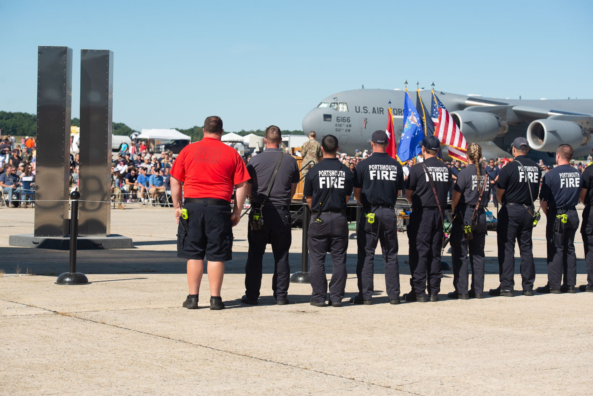 On the 20th anniversary of the 9/11 terrorist attacks, the 157th Air Refueling Wing and those in attendance for the ceremony, pay tribute the men and women who lost their lives that unforgettable day. Today, we honor the resilience of the American spirit and share in the remembrance of this day. We are grateful for the sacrifice, bravery and dedication our fellow Americans have shown to ensure the safety of our beloved country. May the service of these men and women continue to inspire hope and unity for future generations. (U.S. Air National Guard photo by Staff Sgt. Victoria Nelson)