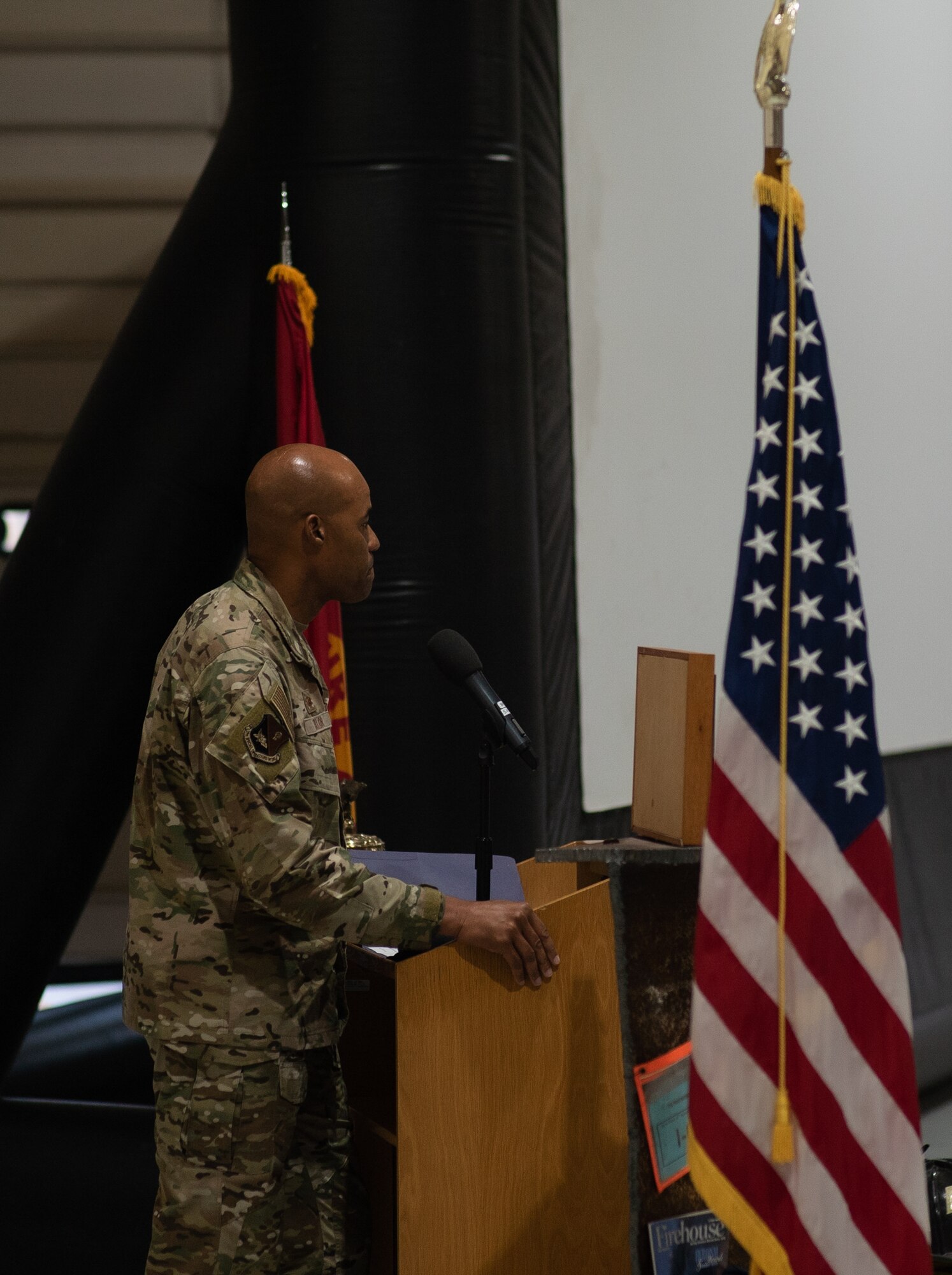 Col. Terence Taylor, 27th Special Operations Wing commander, shares his memories of the terrorist attacks on 9/11 during a memorial ceremony at Cannon Air Force Base, N.M., Sep. 11, 2021. The memorial ceremony marks the 20th anniversary of the terrorist attacks on the United States and serves as a reminder of AFSOC’s everchanging future with the end on the global war on terrorism, and a new focus on great power competition. (U.S. Air Force photo by Senior Airman Christopher Storer)