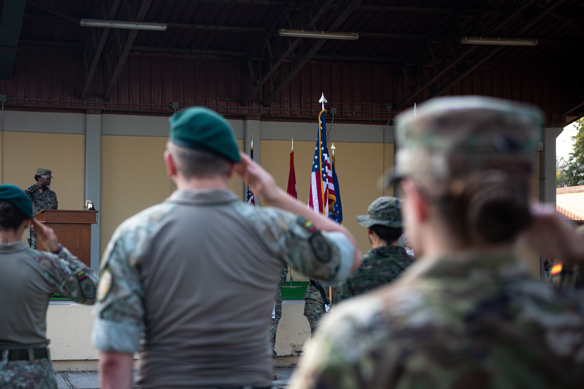 Military members saluting American flag