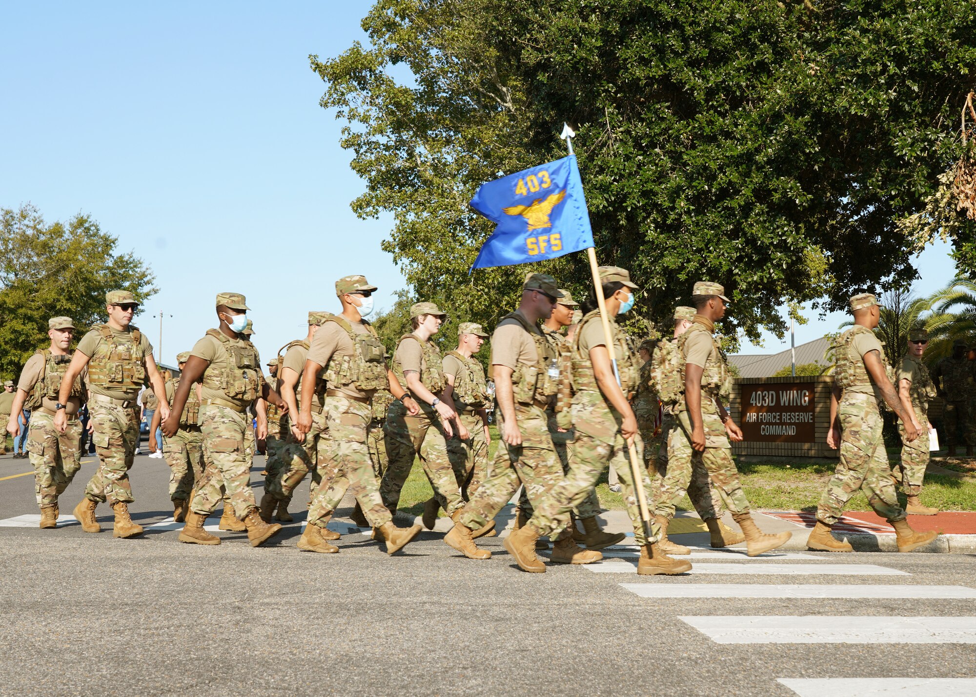 The 403rd Wing hosted a 20th Anniversary 9/11 Memorial Ruck March in rembrance of those who lost their lives during the events of 9/11. The march was led by the 403rd Security Forces Squadron and was open to all members of Keesler Air Force Base, both military and civilian. (U.S. Air Force photo by 2nd Lt. Christopher Carranza)