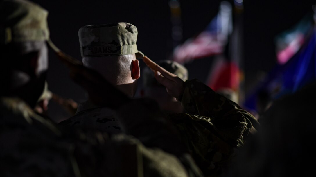 U.S. troops and coalition forces participated in the 20th Anniversary 9/11 Ceremony & Memorial 5K ruck march at Ali Al Salem Air Base, Kuwait, September 11, 2021. (U.S. Air Force photo by Staff Sgt. Ryan Brooks)