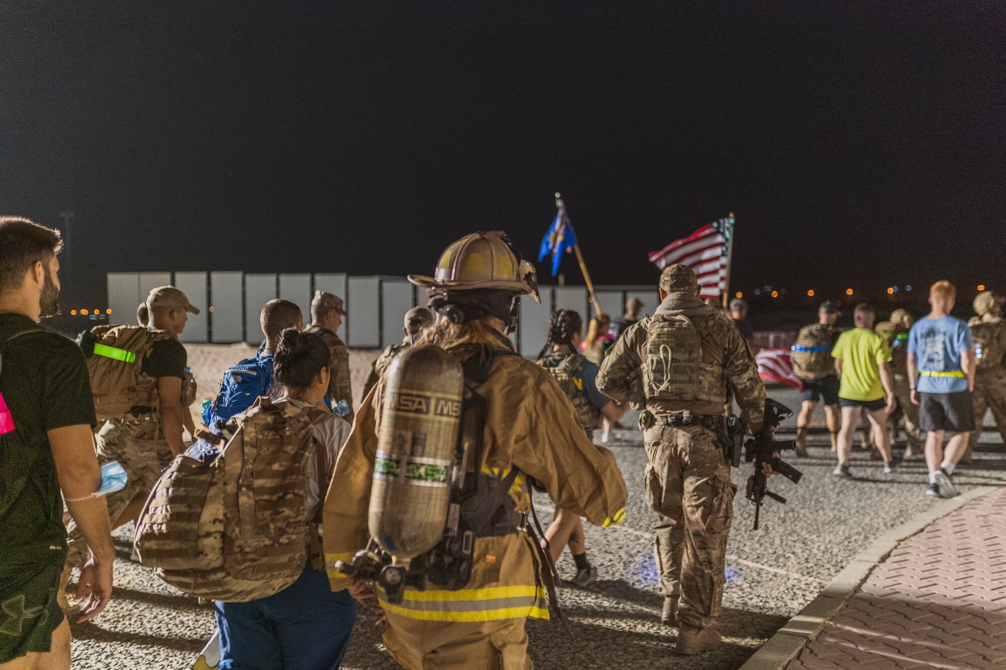 U.S. troops and coalition forces participated in the 20th Anniversary 9/11 Ceremony & Memorial 5K ruck march at Ali Al Salem Air Base, Kuwait, September 11, 2021. (Courtesy photo)