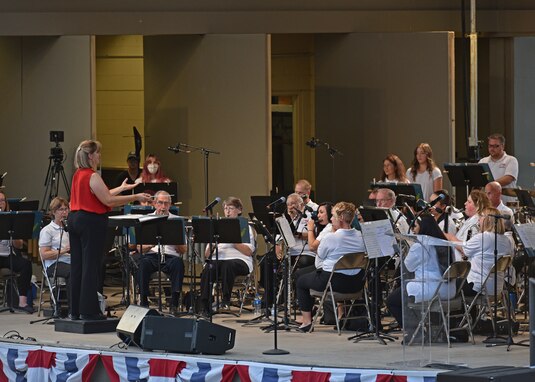 The San Angelo Community Band performs during the 9/11 Remembrance Ceremony at the Bill Aylor Sr. Memorial RiverStage in San Angelo, Texas on Sept. 11, 2021. The band performed as part of the annual ceremony held by the city of San Angelo to honor the fallen, and the people who served, as well as others who continue to keep our country safe. (U.S. Air Force photo by Senior Airman Ashley Thrash)