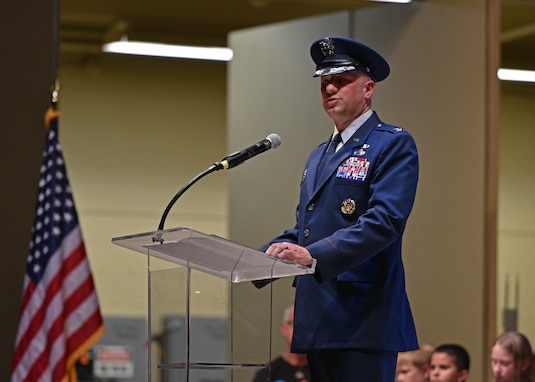 U.S. Air Force Col. Matthew Reilman, 17th Training Wing commander, speaks during the 9/11 Remembrance Ceremony at the Bill Aylor Sr. Memorial RiverStage in San Angelo, Texas on Sept. 11, 2021.  During his speech, he commemorated the fallen,  the tragic outcome of 9/11 and highlighted how important the first responders and military members are to the community and this country. (U.S. Air Force photo by Senior Airman Ashley Thrash)