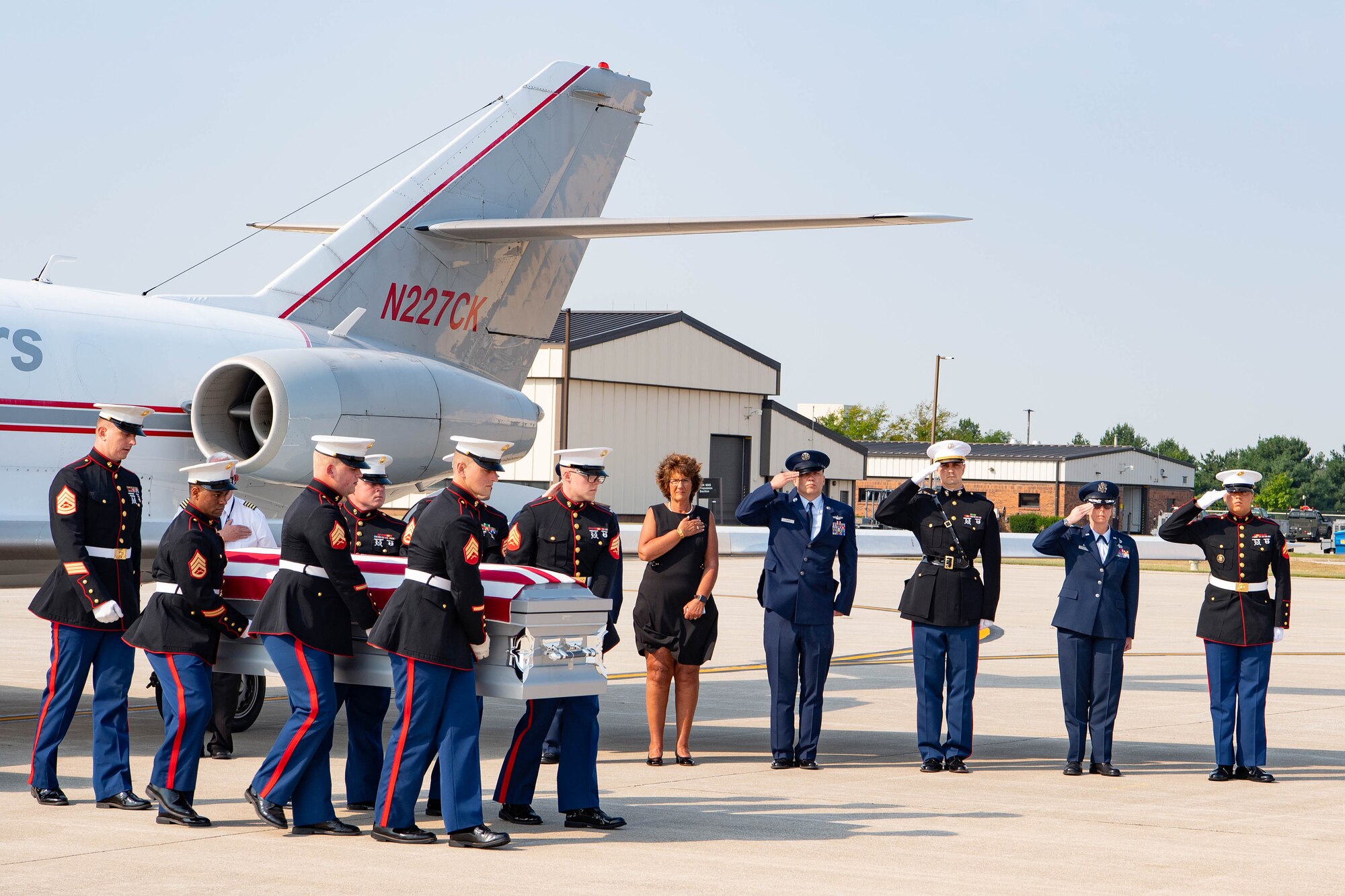 Marines from Detachment 1, Communications Company, Combat Logistics Regiment 45, 4th Marine Logistics Group, carry the casket of U.S. Marine Corps Cpl. Humberto A. Sanchez of Logansport, Indiana, Sept. 12, 2021 at Grissom Air Reserve Base, Indiana. Sanchez was assigned to 2nd Battalion, 1st Marine Regiment, 1st Marine Division, I Marine Expeditionary Force, Camp Pendleton, California. (U.S. Air Force photo by Master Sgt. Benjamin Mota)