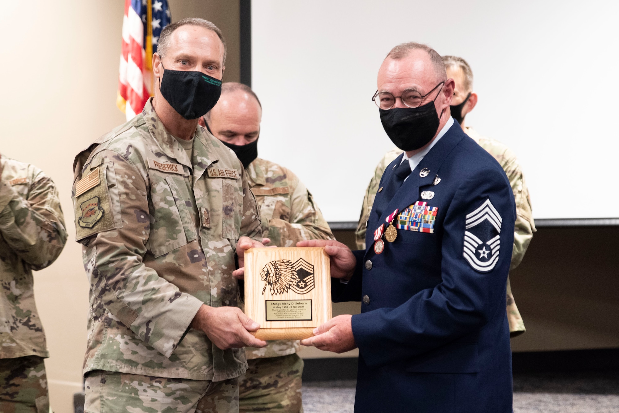 The 188th Chiefs Council presents a plaque for Chief Master Sgt. Rocky D. Sehorn at his retirement ceremony, held on September, 11, 2021, at Ebbing Air National Guard Base, AR. Sehorn’s career spanned more than 36 years in the United States armed forces including the Army and Air National Guard.