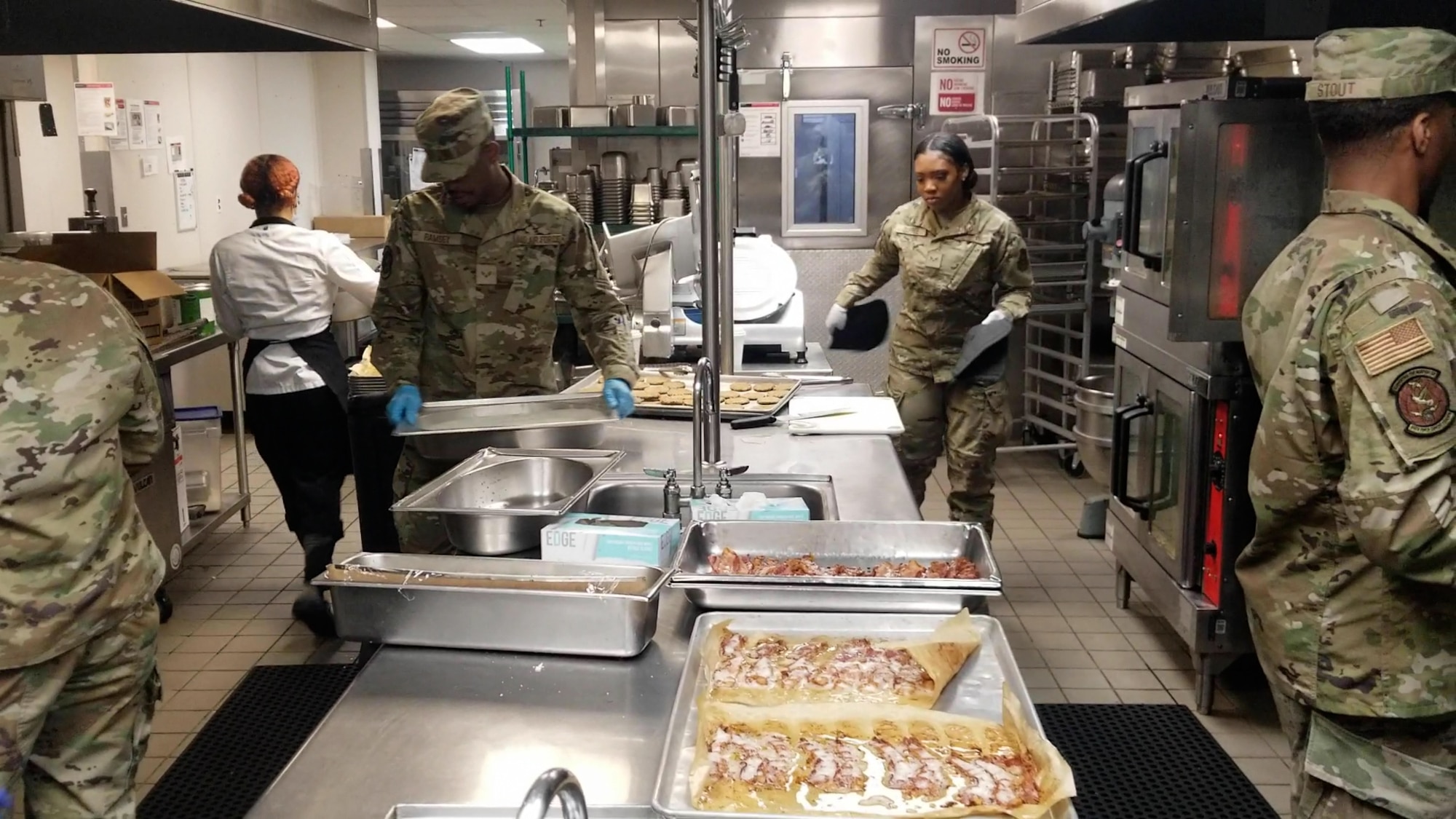 Reserve Citizen Airmen with the 514th Force Support Squadron, 514th Air Mobility Wing prepare breakfast at the Air Force Base McGuire dining facility on July 19, 2021.