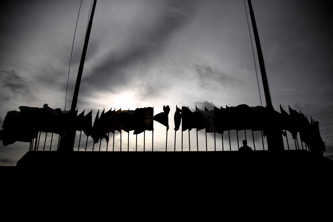 Flags of the 50 U.S. states wave during a 9/11 memorial ceremony on Camp Foster, Okinawa, Japan, Sept. 11, 2021. The ceremony was held to remember all those who lost their lives, 20 years ago, during the 9/11 attacks. (U.S. Marine Corps photo by Cpl. Ryan H. Pulliam)