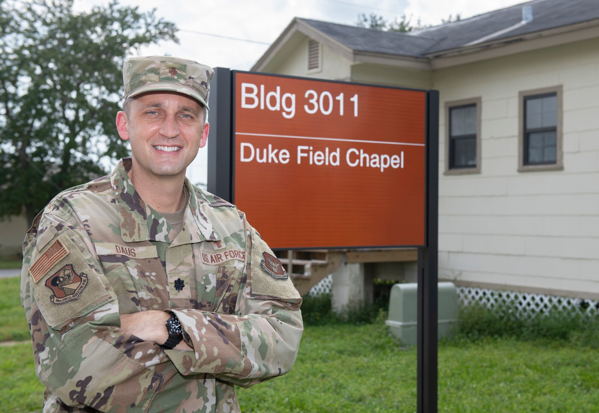 Chaplain (Lt. Col.) David Daus, 919th Special Operations Wing newest chaplain to the Wing takes a moment for a photo outside the Duke Field Chapel at Duke Field, Fla. Sept. 11, 2021. This is the first time for Daus to serve at a reserve base in Traditional Reserve status. (U.S. Air Force photo by Michelle Gigante)