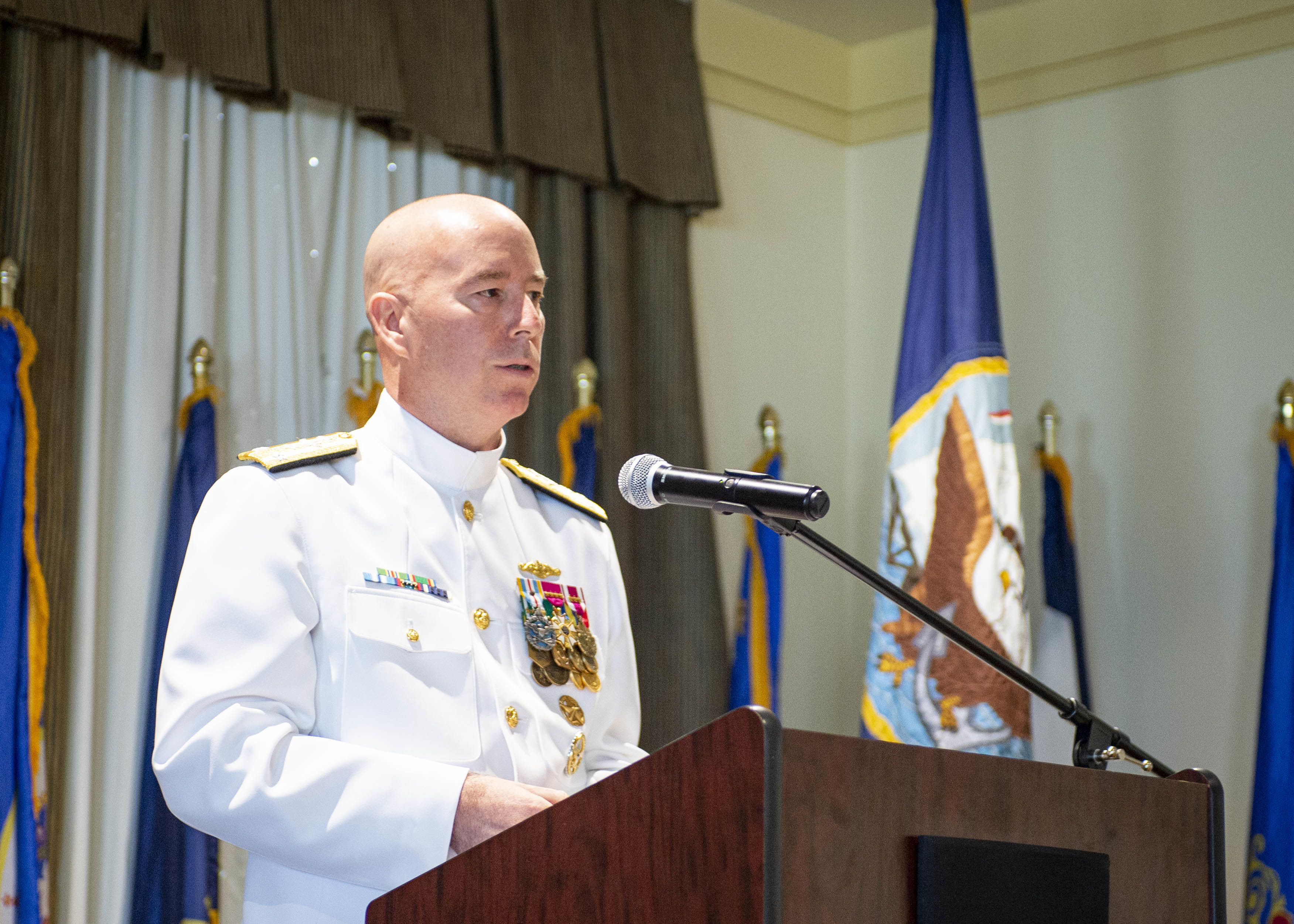 Vice Adm. William Houston provides remarks during the Commander, Submarine Forces change of command ceremony in Norfolk, Va., Sept. 10, 2021.