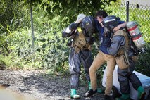 Belle, West Virginia (August 28, 2021) – U.S. Marines from The Chemical Biological Incident Response Force practice decontamination measures during a notional response to an emergency involving train colliding with a bus in Belle, West Virginia. Vigilant Guard is an annual large-scale disaster response exercise sponsored by the U.S. Northern Command in conjunction with the National Guard Bureau that brings federal, state, and local military personnel, public safety, first responders, and private sector partners together. The multi-day, hands-on and stimulated training exercise supports the development, enhancement, and interoperability of disaster response assets within a joint environment. (U.S. Marine Corps Photo by Staff Sgt. Kristian S. Karsten/Not Released)
