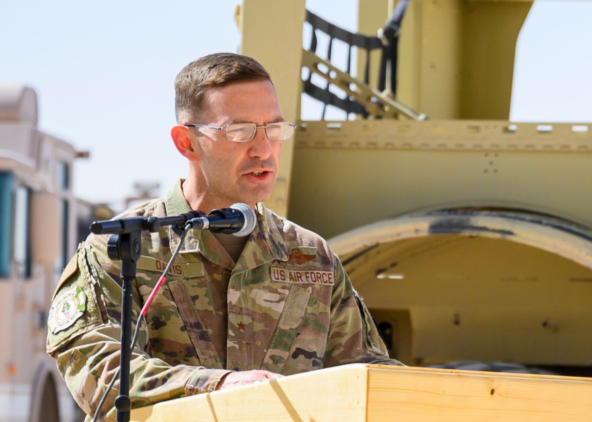 U.S. Air Force Brig. Gen. Robert Davis, 378th Air Expeditionary Wing commander, delivers a speech during a Remembrance Ceremony Sept. 11, 2021, at Prince Sultan Air Base, Kingdom of Saudi Arabia.