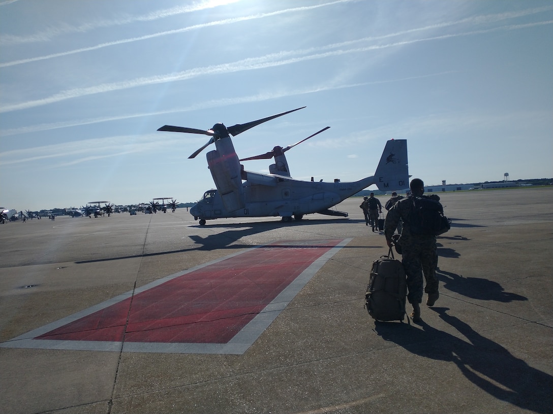 U.S. Marines with the Joint Force Land Component Commander embark on a MV-22 Osprey to support Task Force 51 in Ft. Polk in support of Defense Support for Civil Authorities (DSCA) operations with FEMA. NAS Chambers Field, Norfolk Va. (Released/U.S. Marine Corps photo by 1st Lt. Aaron Ladd)