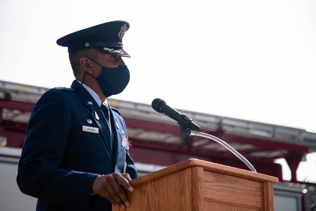 Col. Marcus Jackson, Buckley Garrison commander, speaks about the 20th anniversary of the 9/11 attacks, at Buckley Space Force Base, Colo., Sept. 10, 2021.