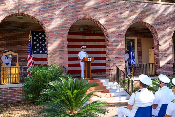 Rear Adm. Pete Garvin, commander, Naval Education and Training Command (NETC), speaks during a 9/11 memorial ceremony.