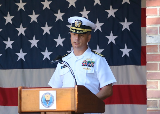 Capt. Nate Straub, director of facilities and logistics, at Naval Education and Training Command (NETC), speaks during a 9/11 memorial ceremony.