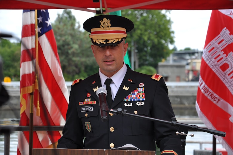 Photo of Col. Alexander “Xander” L. Bullock commander of the Seattle District, U.S. Army Corps of Engineers, in military uniform, giving his opening remarks at the ribbon cutting ceremony Aug. 16, 2021.