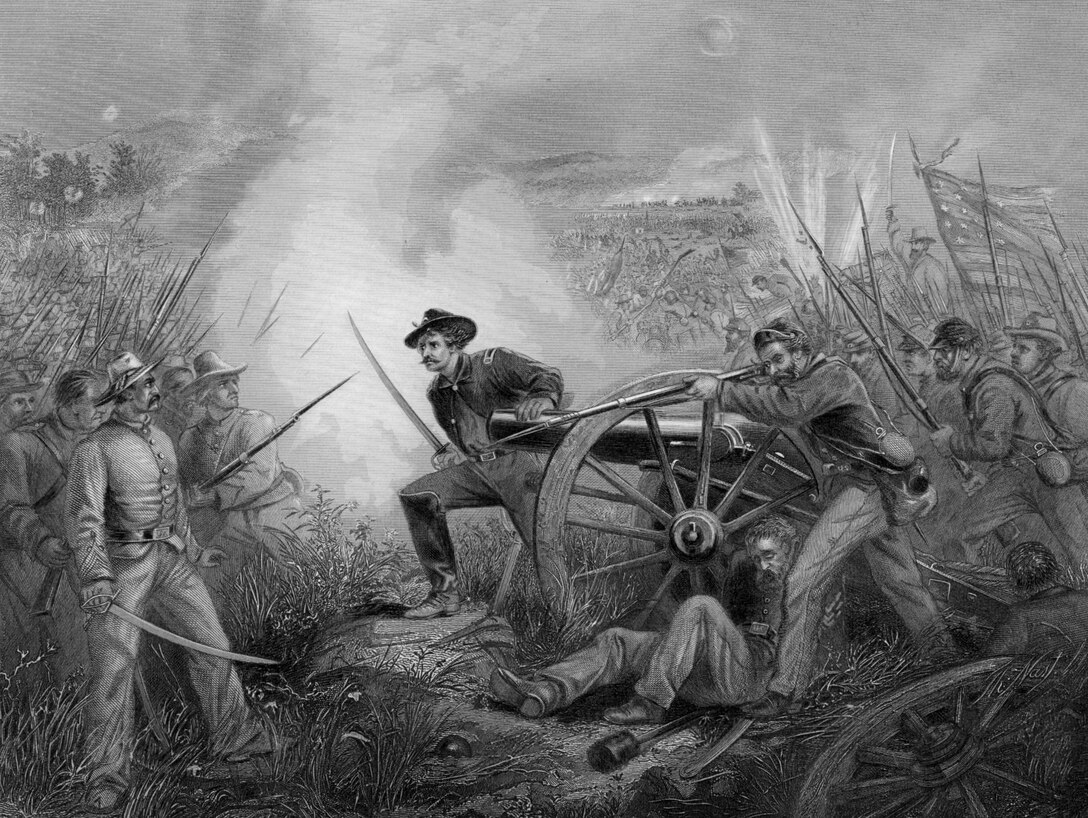 A drawing depicts enemy soldiers with swords and bayonets in a field.