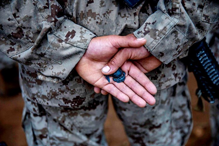 A U.S. Marine Corps Private with Delta Company, 1st Recruit Training Battalion holds his Eagle, Globe, and Anchor for the first time during the crucible at Marine Corps Base Camp Pendleton, Calif., Sept. 2, 2021.