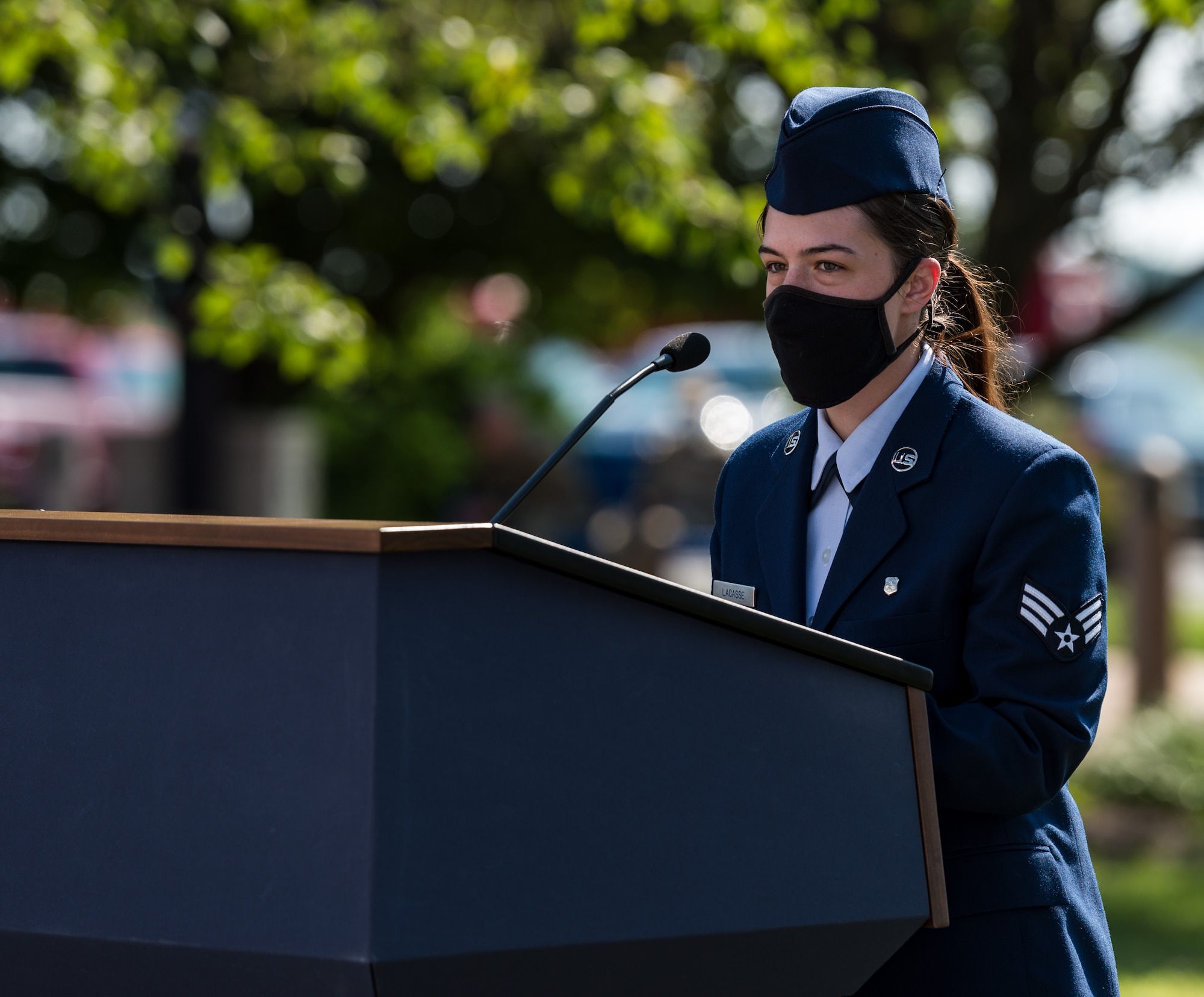 Senior Airman Kathleen Lacasse, 436th Health Care Operations Squadron ambulance response unit member, reads the Emergency Medical Technician Prayer during the 20th Anniversary 9/11 Remembrance Ceremony held at the Air Mobility Command Museum’s 9/11 Memorial on Dover Air Force Base, Delaware, Sept. 11, 2021. Lacasse read the prayer to honor the eight paramedics who died while responding to the terrorist attacks on the World Trade Center in New York Sept. 11, 2001. (U.S. Air Force photo by Roland Balik)