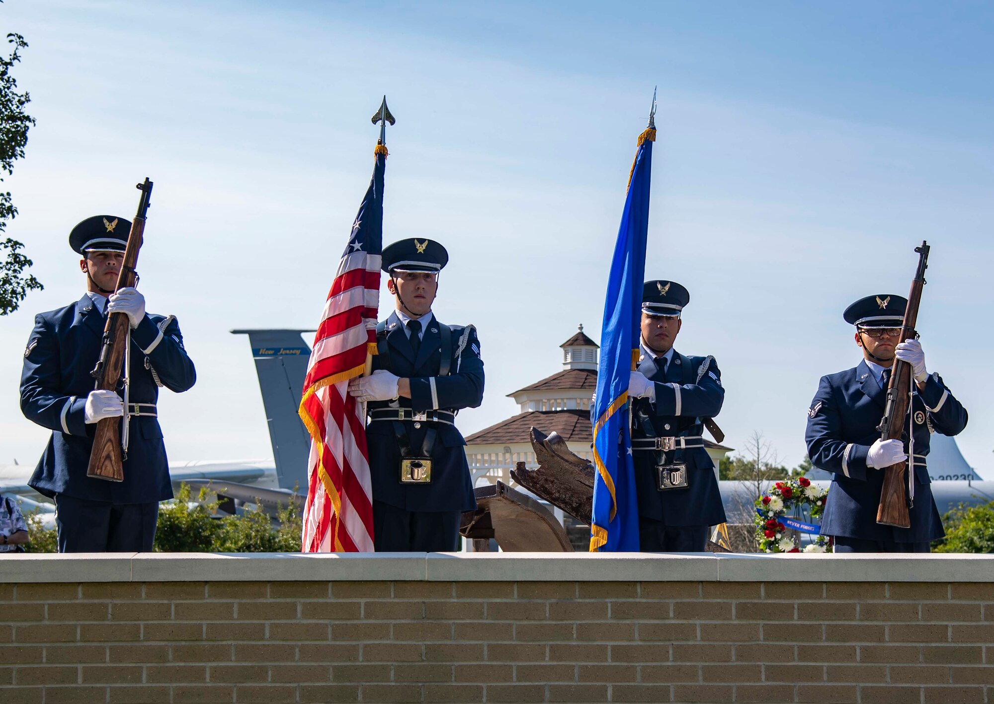 Members of the Dover Air Force Base Honor Guard present the colors during the 20th Anniversary 9/11 Remembrance Ceremony held at the Air Mobility Command Museum’s 9/11 Memorial on Dover AFB, Delaware, Sept. 11, 2021. The base hosted the ceremony to remember and honor those who perished in the attacks on Sept. 11, 2001. (U.S. Air Force photo by Senior Airman Stephani Barge)