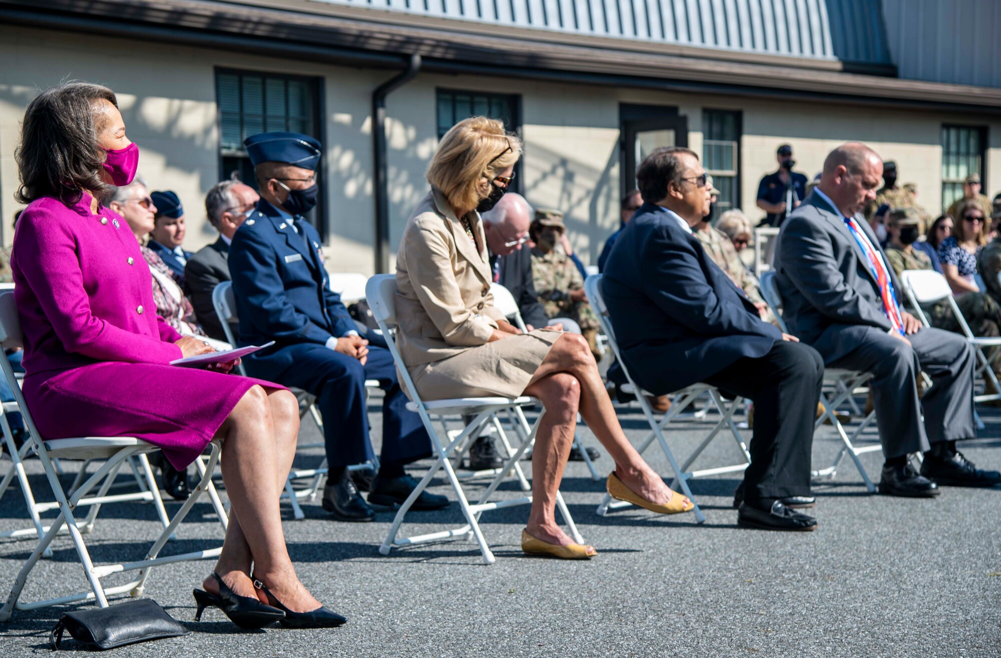 From left, Rep. Lisa Blunt Rochester, Delaware congresswoman, Kate Rohrer, representative for Delaware Senator Chris Coons, Robin Christiansen, City of Dover mayor, and Retired Air Force Reserve Master Sgt. Tyree Bacon, guest speaker, attend the 20th Anniversary 9/11 Remembrance Ceremony held at the Air Mobility Command Museum’s 9/11 Memorial on Dover Air Force Base, Delaware, Sept. 11, 2021. The base hosted the ceremony to remember and honor those who perished in the attacks on Sept. 11, 2001. (U.S. Air Force photo by Senior Airman Stephani Barge)