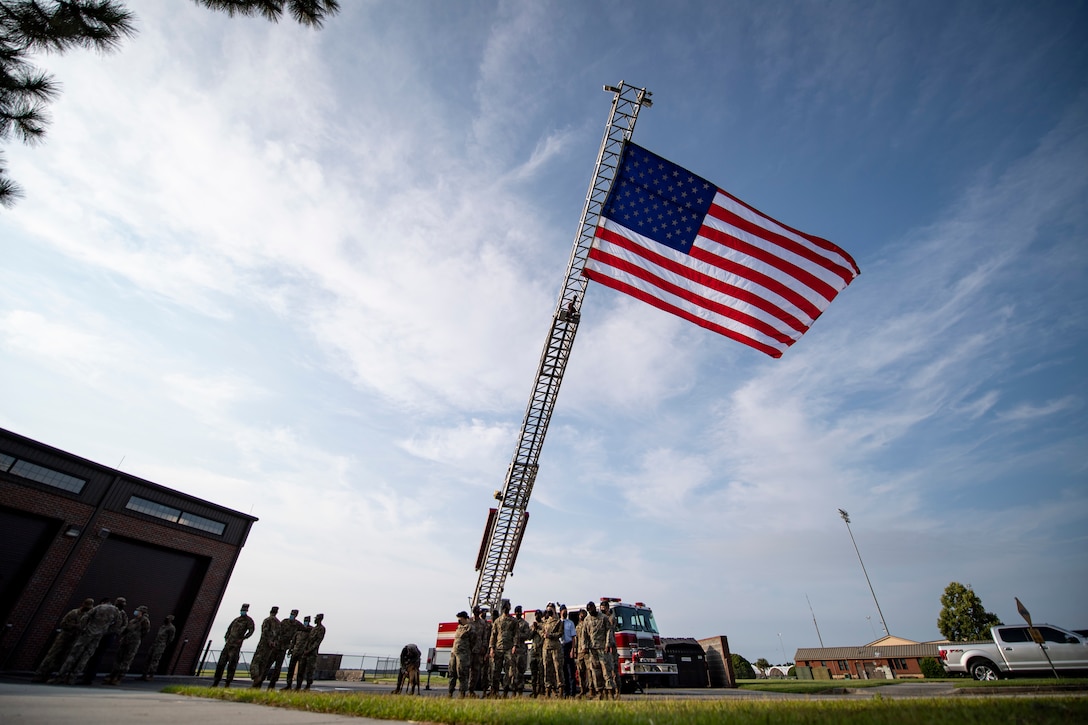 A flag is flown from a firetruck