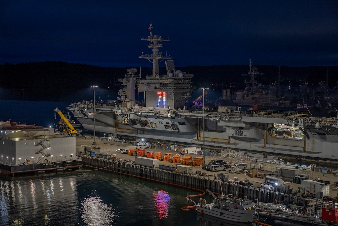 USS Theodore Roosevelt (CVN 71) entered Dry dock 6 at Puget Sound Naval Shipyard & Intermediate Maintenance Facility in Bremerton, Wash., Sept. 10, 2021, to begin the docking portion of a 16.4-month Docking Planned Incremental Availability. (PSNS & IMF photo by Brian Kilpatrick)
