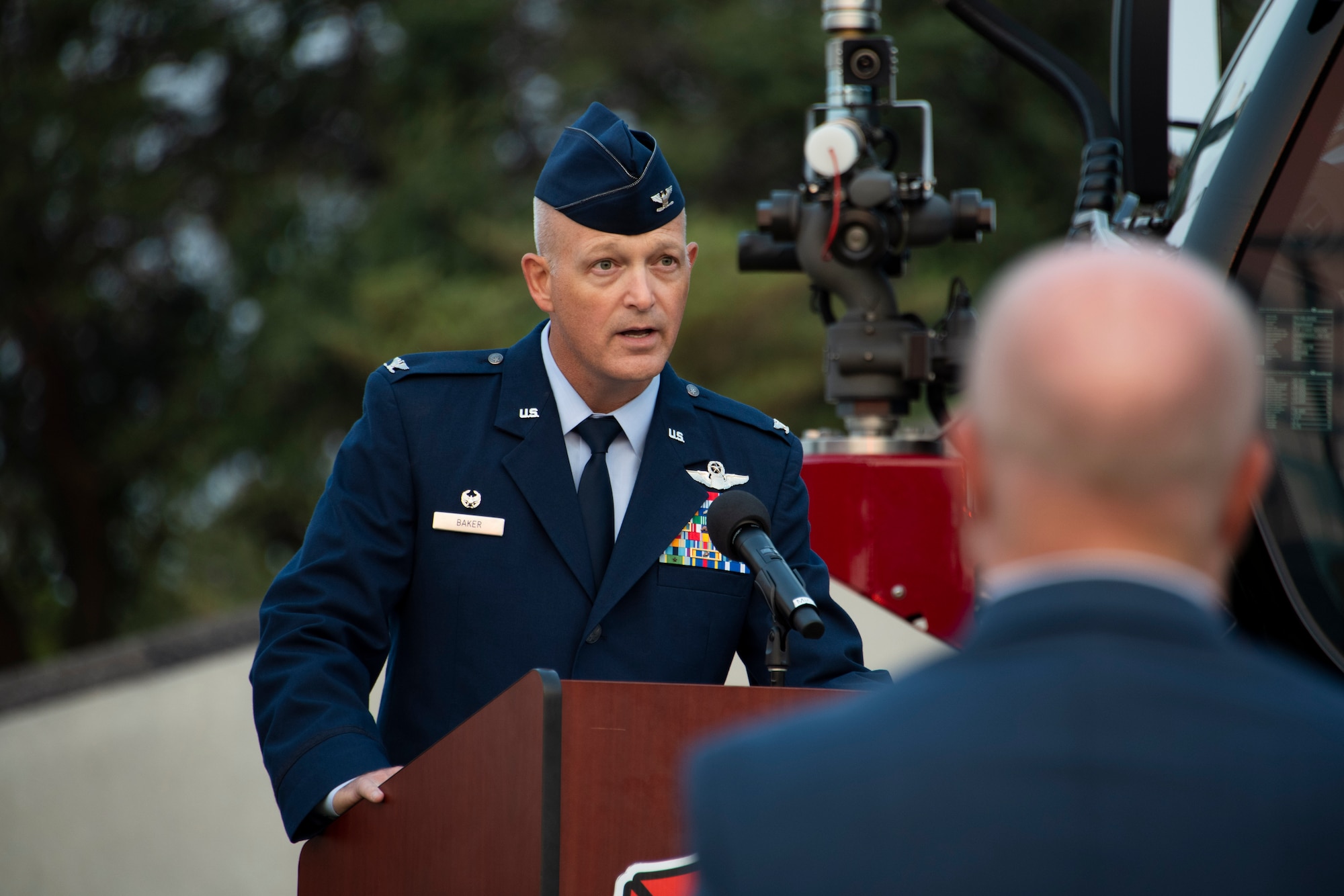 U.S. Air Force Col. Blaine Baker, 97th AMW commander, speaks during the 97th Air Mobility Wing Remembrance Ceremony at Altus Air Force Base, Oklahoma, Sept. 11, 2021. The purpose of the ceremony was to honor the firefighters, law enforcement officers and medical responders who lost their lives on this day 20 years ago during the attacks on 9/11. (U.S. Air Force photo by Senior Airman Amanda Lovelace)