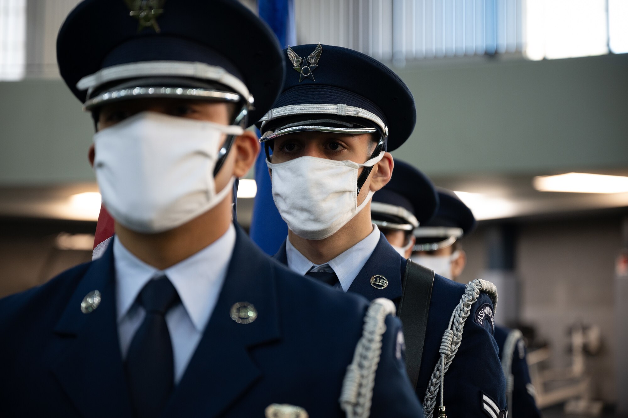 U.S. Air Force ceremonial guardsmen assigned to the 354th Fighter Wing form up during a 9/11 remembrance ceremony on Eielson Air Force Base, Alaska, , Sept. 11, 2021.