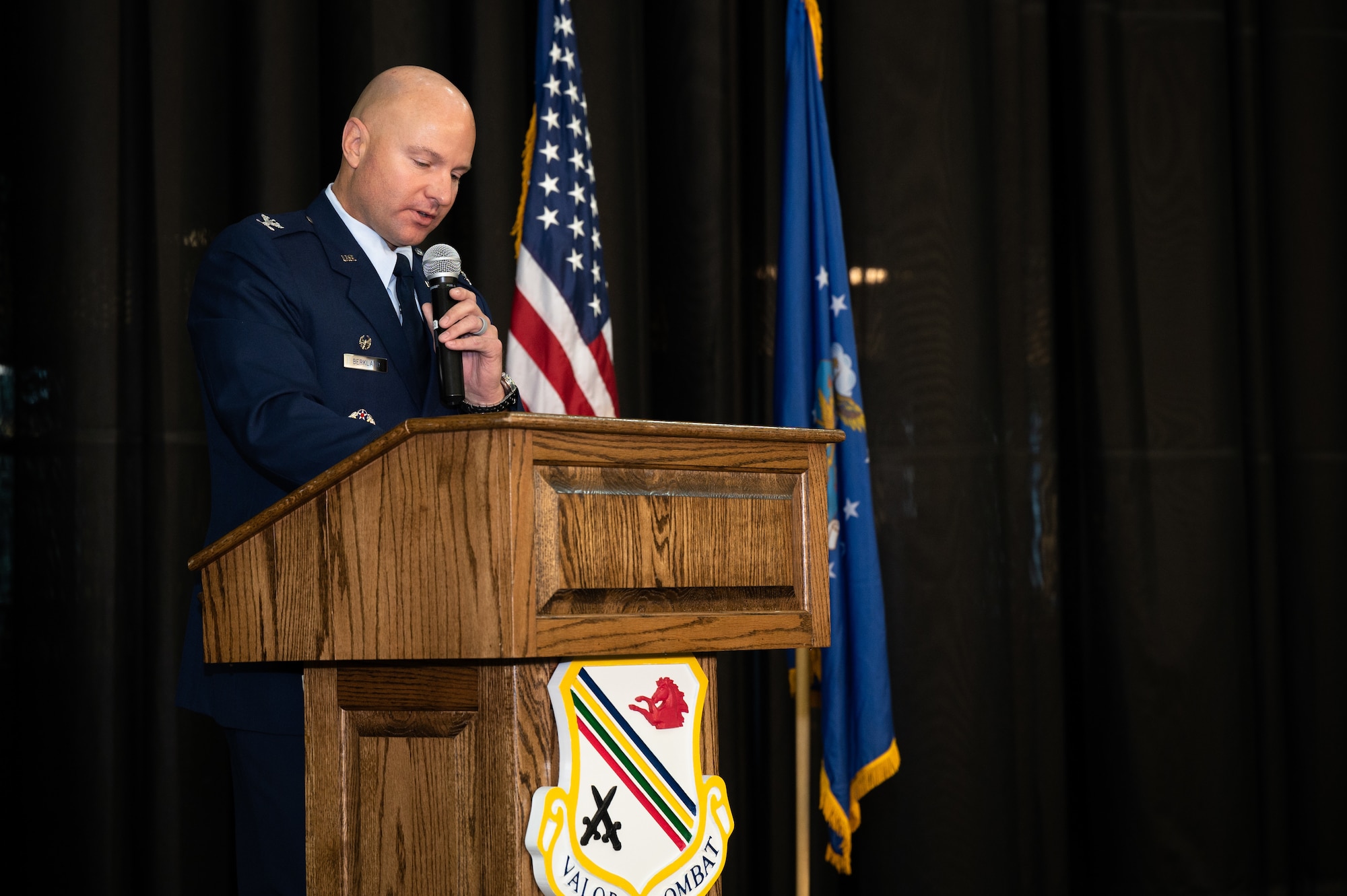 U.S. Air Force Col. David Berkland, the 354th Fighter Wing commander, delivers a speech during a 9/11 remembrance ceremony on Eielson Air Force Base, Alaska, Sept. 11, 2021.