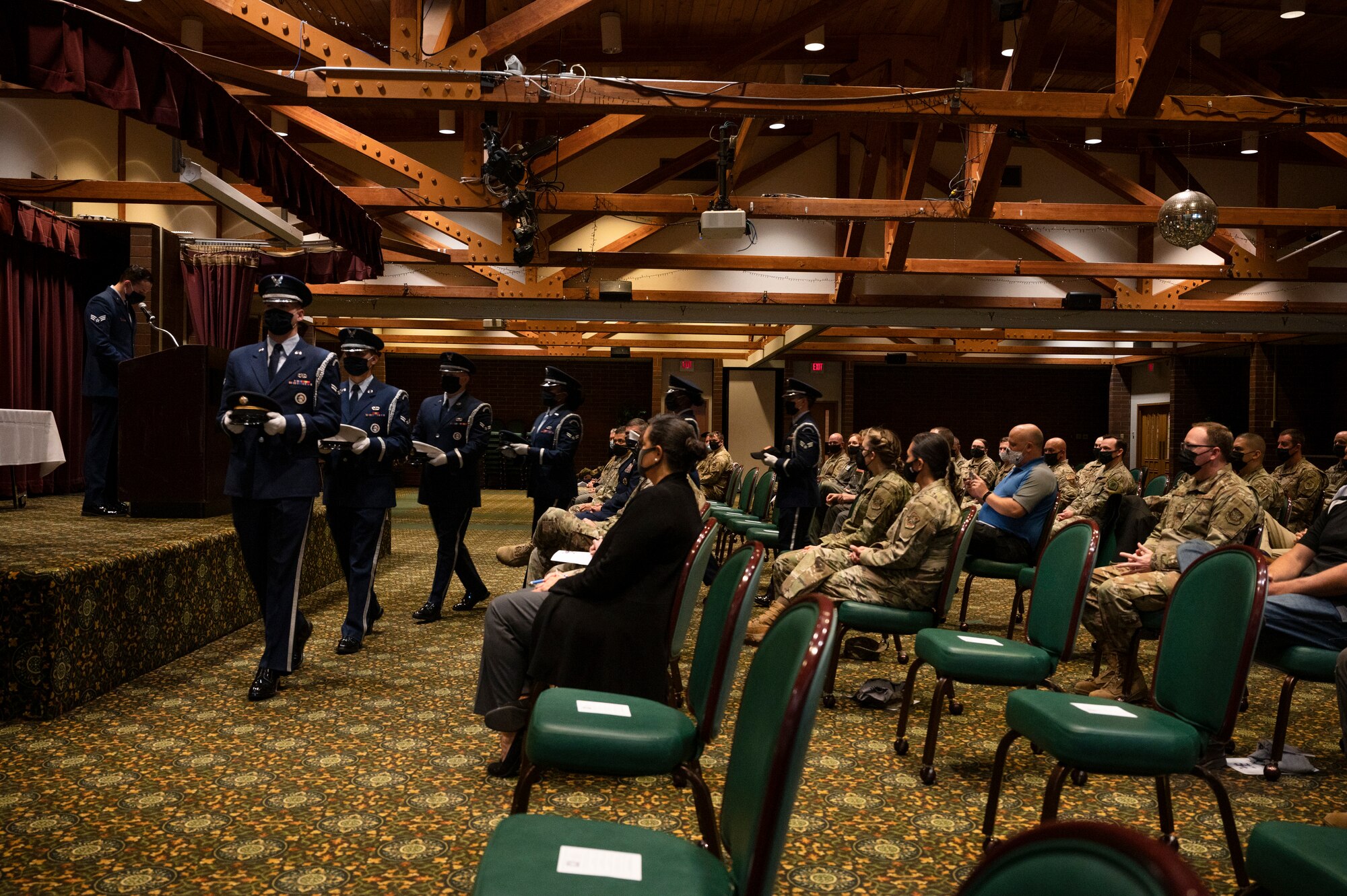 The 62nd Airlift Wing Honor Guard perform the Missing Man Table and Honors Ceremony during the opening ceremony for POW/MIA Remembrance Week at Joint Base Lewis-McChord, Washington, Sept. 13, 2021. The goal of the POW/MIA Remembrance Week is to honor the sacrifices of those men and women who were prisoners of war or missing in action. (U.S. Air Force photo by Senior Airman Zoe Thacker)