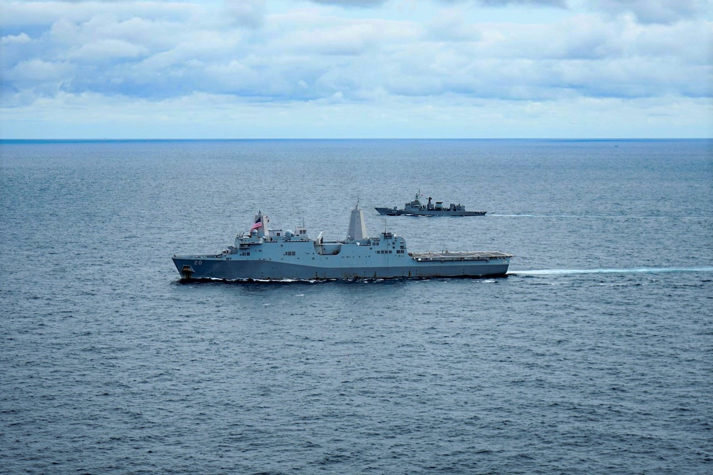 GULF OF THAILAND (Sept. 8, 2021) USS Green Bay (LPD 20) sails in company with Royal Navy Thai frigates during Cooperation Afloat Readiness and Training (CARAT) exercise. In its 27th year, the CARAT series is comprised of multinational exercises designed to enhance U.S. and partner navies' abilities to operate together in response to traditional and non-traditional maritime security challenges in the Indo-Pacific region. (Courtesy photo by Royal Thai Navy)