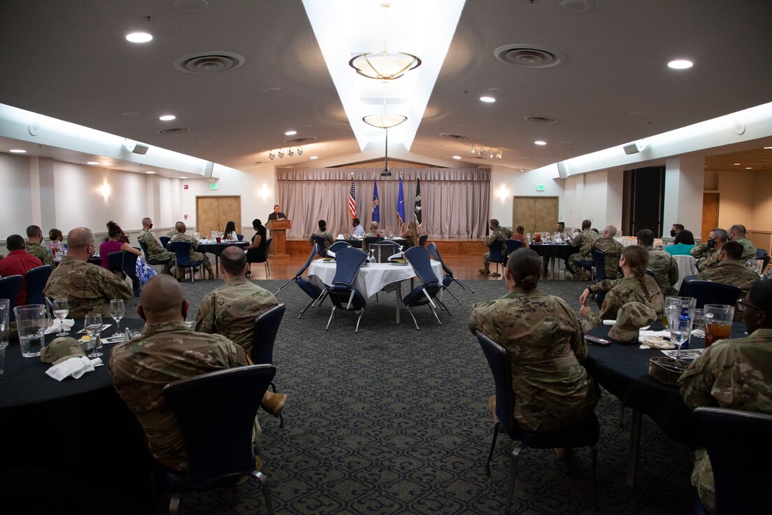 Former Army Staff Sgt. Andrew Ramirez recounts his time as a prisoner of war in 1999 during a POW/MIA Remembrance Ceremony and dinner at Edwards Air Force Base, California, Sept. 10. Ramirez and two other Soldiers from his unit spent 32 days in captivity during Operation Allied Force in Kosovo in 1999. (Air Force photo by Clay Cupit)