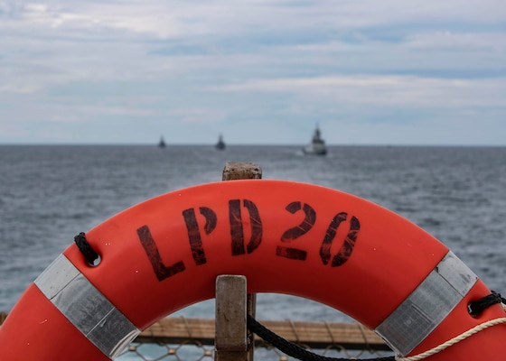 210908-N-YP246-1244 GULF OF THAILAND (Sep. 8, 2021) Royal Thai Navy ship HTMS Bhumibol Adulyadej (FFG 471) leads a battle line of Royal Thai Navy frigates during an exercise for Cooperation Afloat Readiness and Training (CARAT) Thailand 2021 with the amphibious transport dock ship USS Green Bay (LPD 20). In its 27th year, the CARAT series is comprised of multinational exercises, designed to enhance U.S. and partner navies' abilities to operate together in response to traditional and non-traditional maritime security challenges in the Indo-Pacific region. (U.S. Navy photo by Mass Communication Specialist 2nd Class Darcy McAtee)