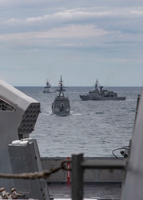 210908-N-YP246-1081 GULF OF THAILAND (Sep. 8, 2021) Royal Thai Navy ship HTMS Naresuan (FFG 421) leads a battle line of war ships during an exercise for Cooperation Afloat Readiness and Training (CARAT) Thailand 2021 with the amphibious transport dock ship USS Green Bay (LPD 20). In its 27th year, the CARAT series is comprised of multinational exercises, designed to enhance U.S. and partner navies' abilities to operate together in response to traditional and non-traditional maritime security challenges in the Indo-Pacific region. (U.S. Navy photo by Mass Communication Specialist 2nd Class Darcy McAtee)