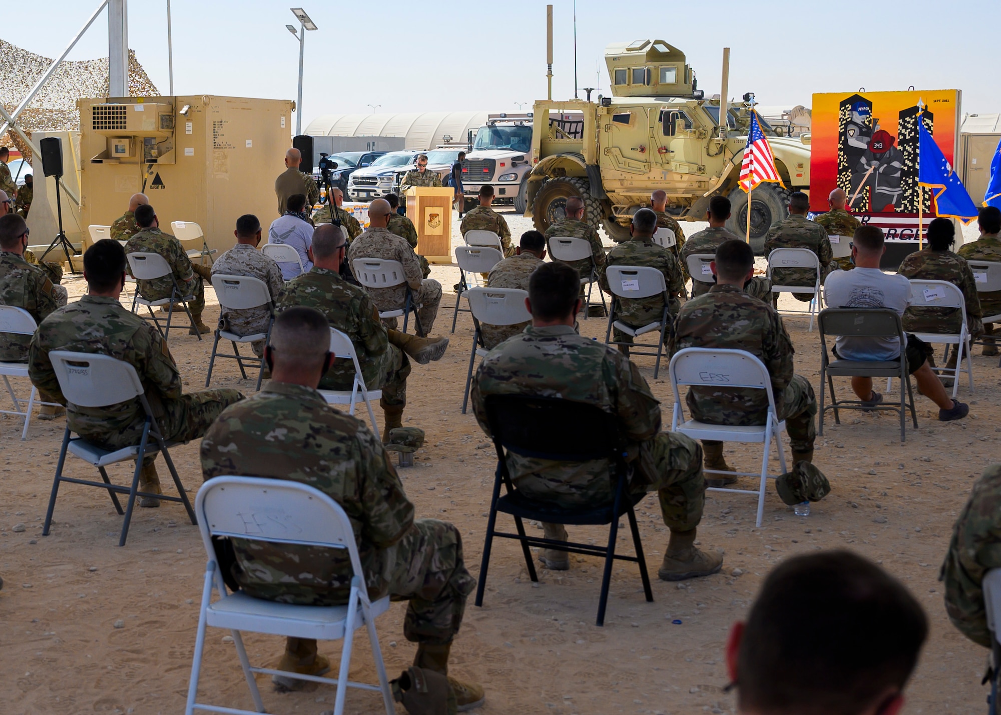 Members of the 378th Air Expeditionary Wing gather for a Remembrance Ceremony Sept. 11, 2021, at Prince Sultan Air Base, Kingdom of Saudi Arabia.
