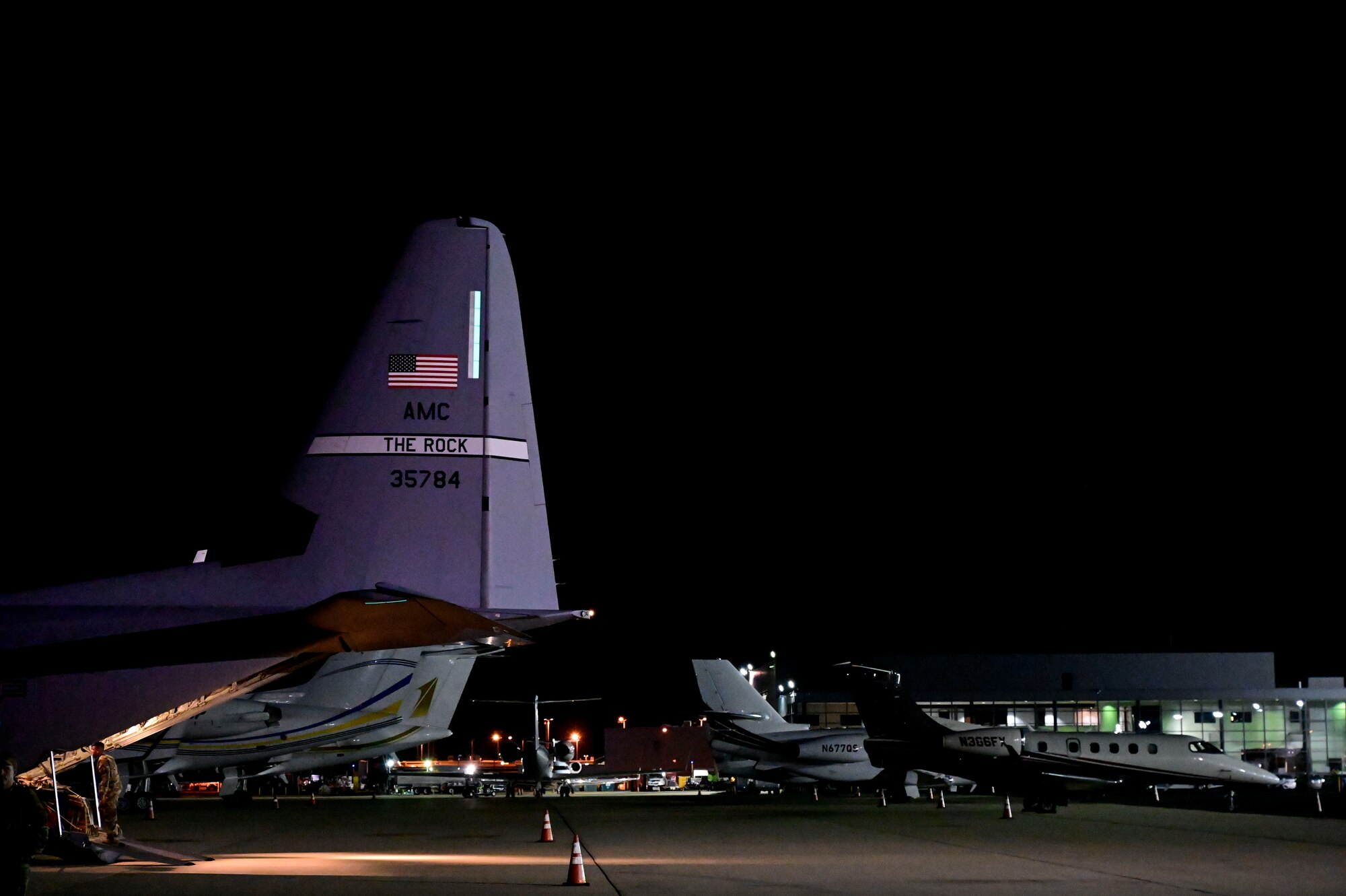 A C-130J is parked at Dulles International Airport