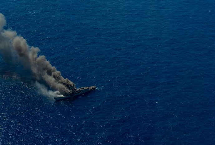 U.S. joint forces conducted coordinated multidomain, multiaxis, long-range maritime strikes in the Hawaiian Islands Operating Area during a sinking exercise on the decommissioned guided missile frigate ex-USS Ingraham Aug. 15, 2021. During the exercise, the Marine Corps launched two Naval Strike Missiles from the Navy/Marine Corps Expeditionary Ship Interdiction System; both missiles successfully hit its target. The Marine Corps’ primary modernization priority in support of Force Design 2030 is fulfilling the requirement for a ground-based anti-ship missile capability. NMESIS is the Marine Corps’ first solution meeting this requirement. (U.S. Navy photo by Mass Communication Specialist 1st Class David Mora Jr.)