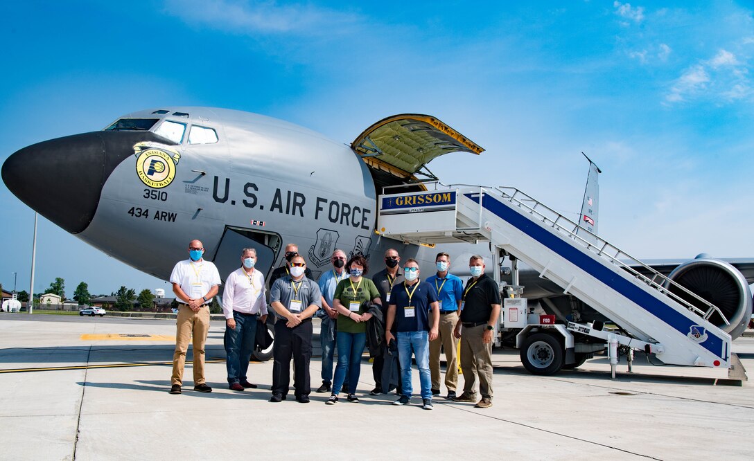 Employers from the Employer Support of the Guard and Reserve pose in front of a KC-135 at Grissom Air Reserve Base, Indiana, Aug. 27, 2021. The ESGR bosslift program is designed to allow employers see their employees perform their military duties. (U.S. Air Force photo by Staff Sgt. Jeremy Blocker)