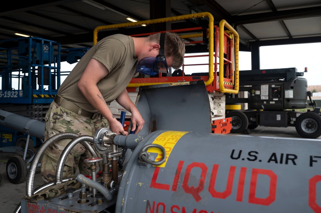 Airman maintains liquid nitrogen cart.