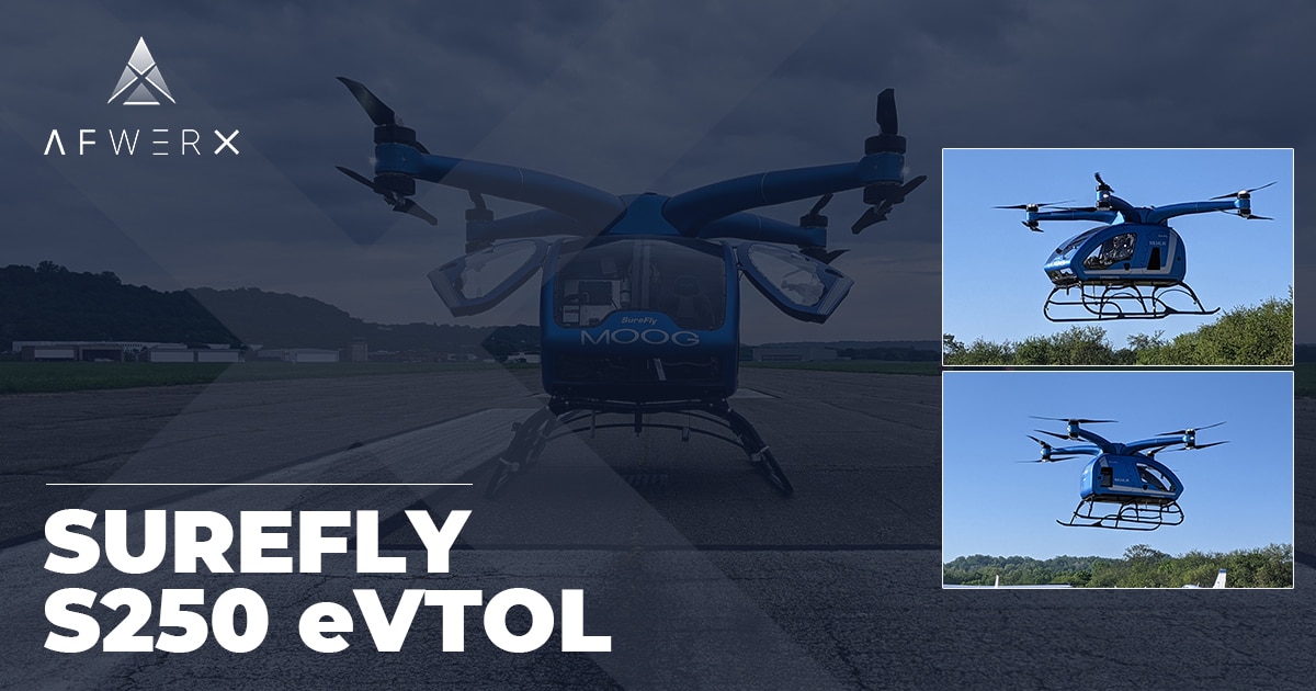 AFWERX Agility Prime Partner, Moog Aircraft Group, has created a prototype electric vertical takeoff and landing vehicle (eVTOL), the SureFly S250. (Courtesy graphic/AFWERX)