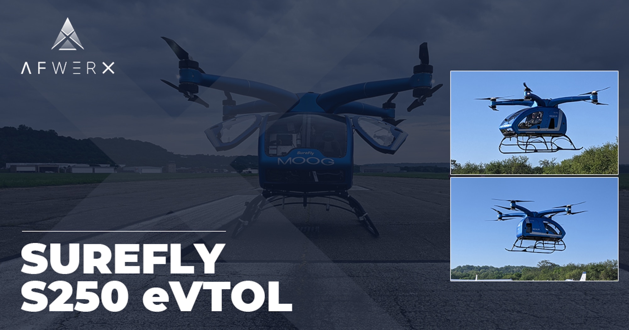 AFWERX Agility Prime Partner, Moog Aircraft Group, has created a prototype electric vertical takeoff and landing vehicle (eVTOL), the SureFly S250. (Courtesy graphic/AFWERX)